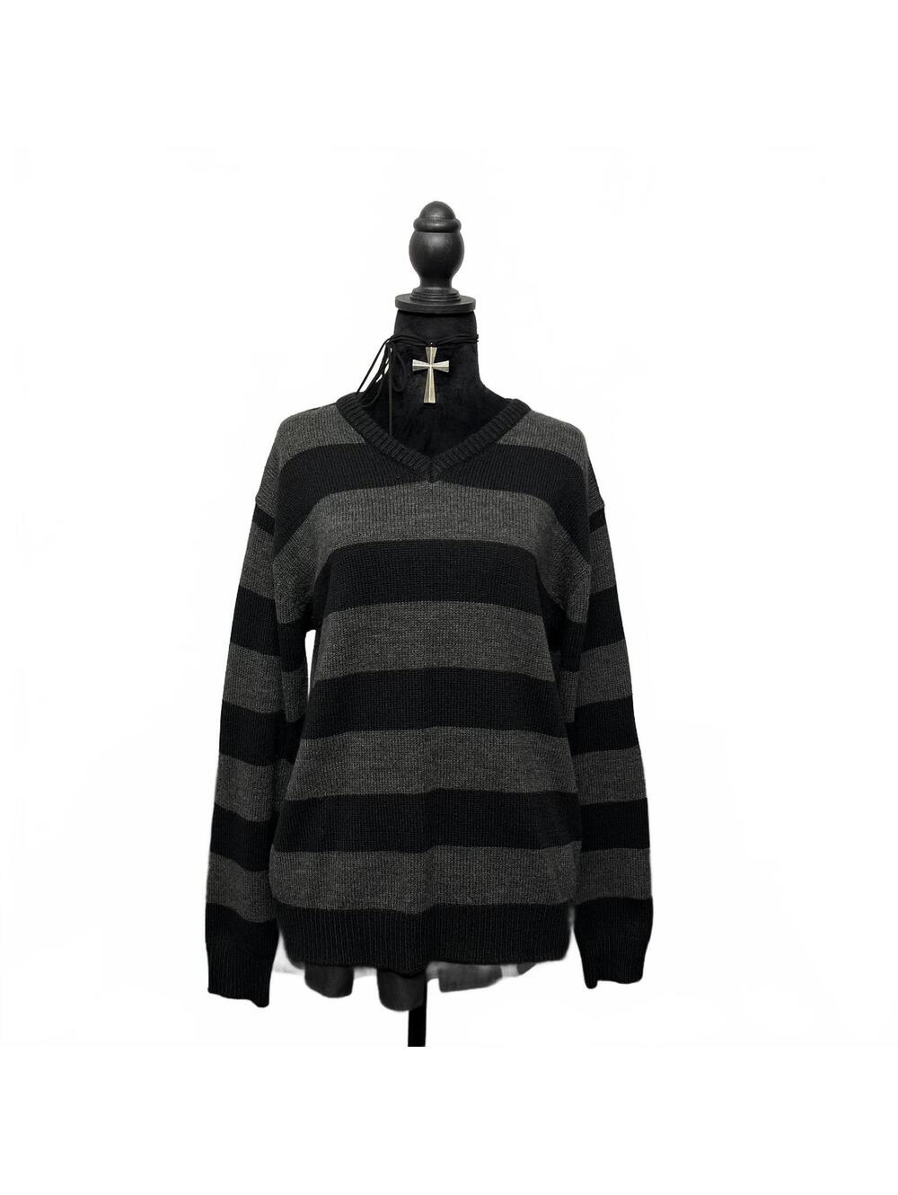 Vintage Moto Sz M Grunge Grey Black Striped Knit V Neck Sweater Goth Emo Fall